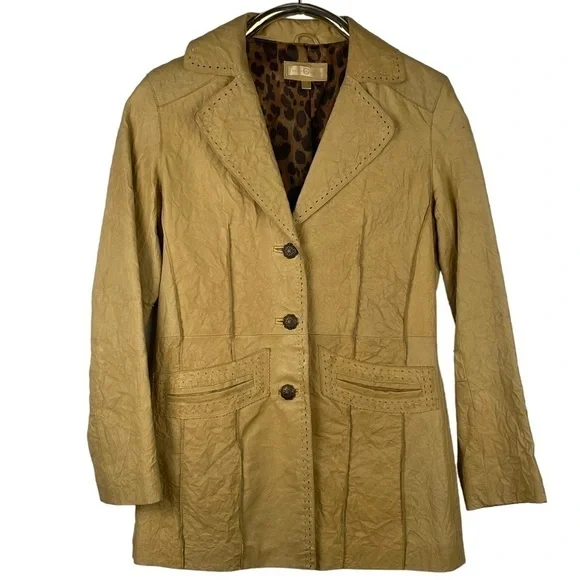 WILSONS LEATHER TAN DISTRESSED CRINKLE BUTTON DOWN NOTCH COLLAR BLAZER JACKET - Picture 3 of 15